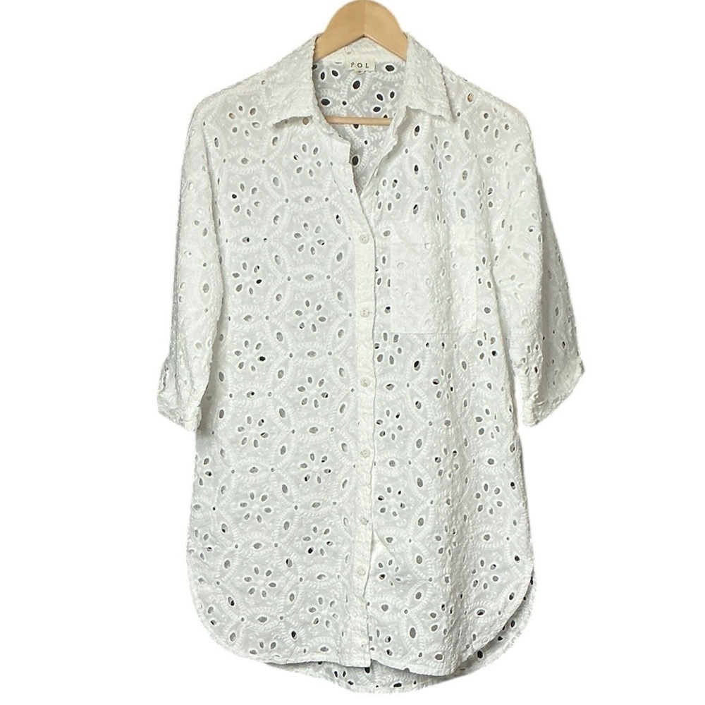 POL White Cotton Eyelet Button Down Textured Blouse - Picture 3 of 8